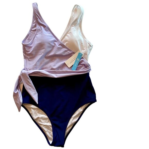 Cupshe One Piece Swimsuit Color Block Tie Side Purple White Size Small NEW NWT - Picture 1 of 11